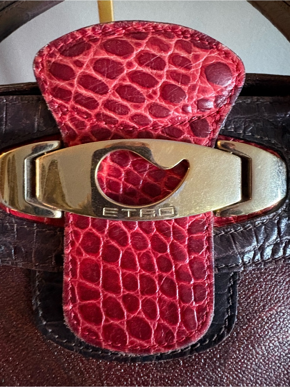 Vintage ETRO Paisley Tote Bag Red Croc Embossed Leather Silver Hardware - Picture 10 of 17